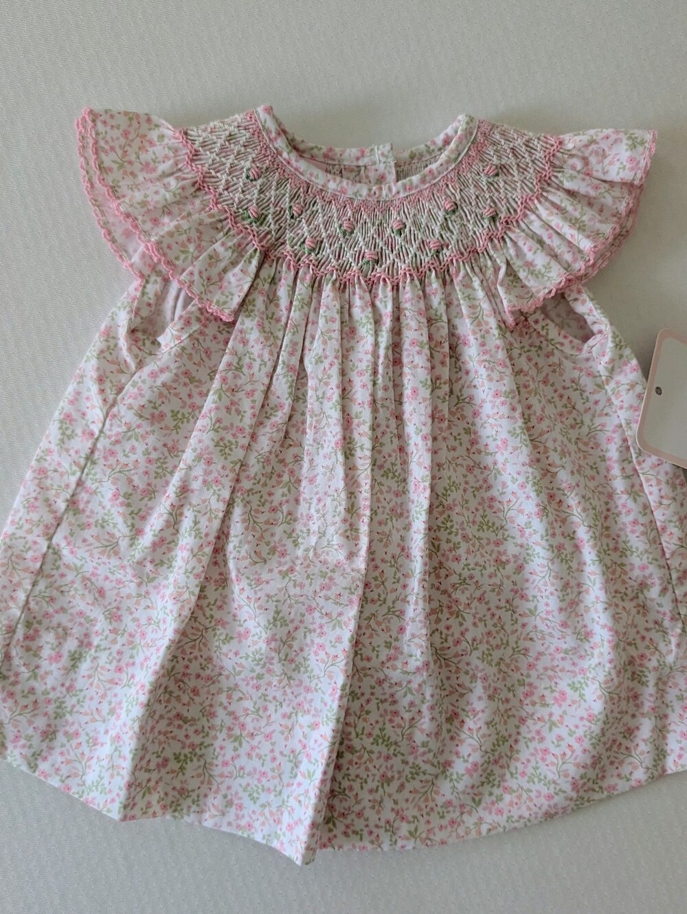 NWT Petit Bebe white pink floral smocked baby dress with flutter sleeves Newborn
